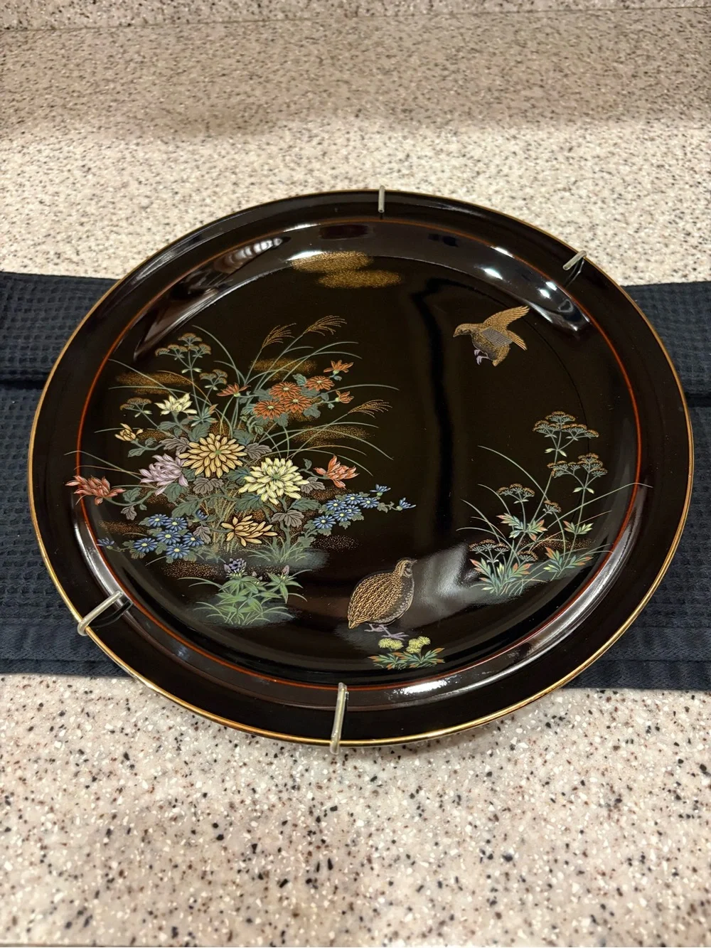 Vintage Yamaji Japan Black Floral Design Birds Porcelain Plate